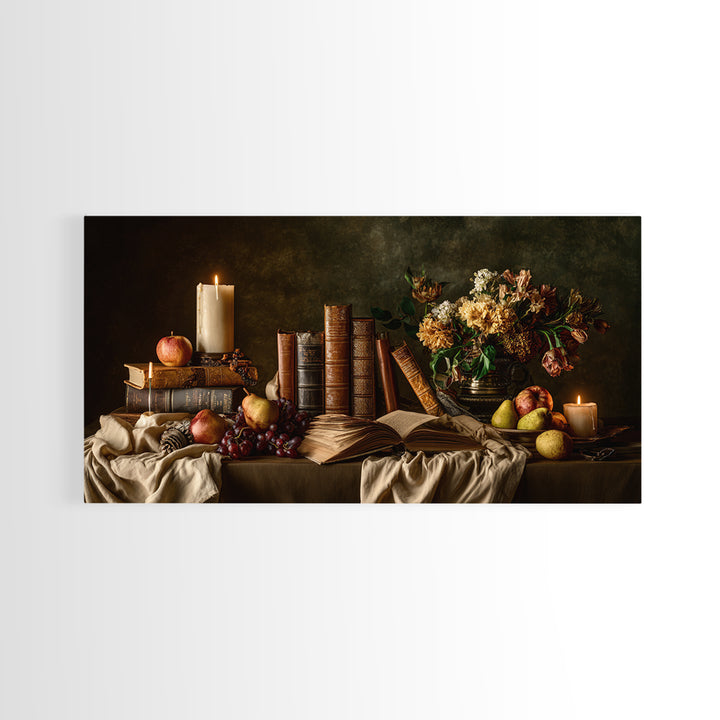 Still Life of Books Candle and Fruit Framed Canvas Print, Traditional Art, Fine Art Print, Living Room Decor, Fine Art, Classic, TRA-2x1-16
