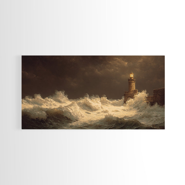 Lighthouse with Crashing Waves Canvas Print, Traditional Art, Decor, Living Room Decor, Fine Art, Classic, Japanese Art, TRA-2x1-17