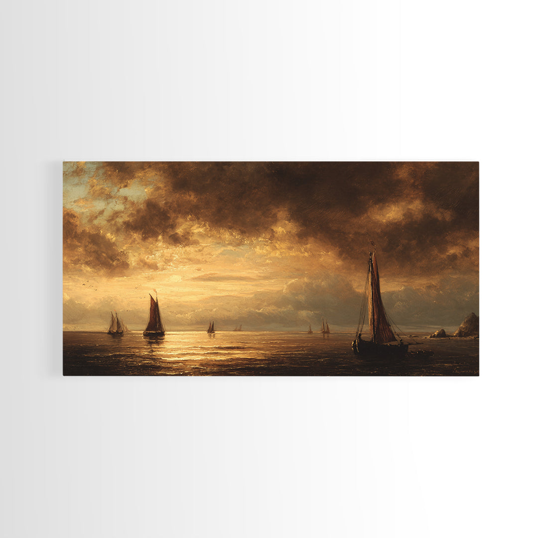 Seascape with Sailboats and Cloudy Sky Framed Canvas Print, Traditional Art, Digital Art, Living Room Decor, Fine Art, Classic, TRA-2x1-25