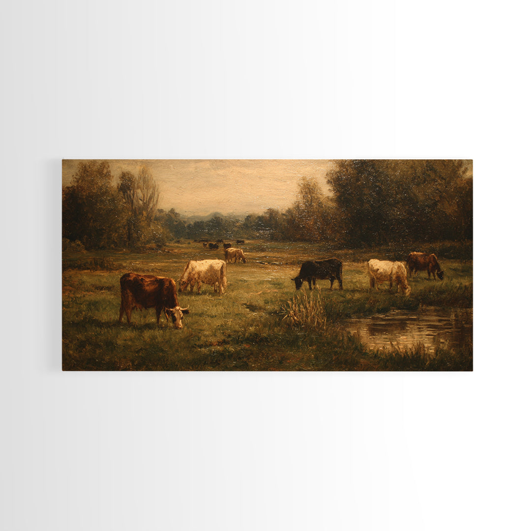 Pastoral Countryside with Cows in Field Framed Canvas Print, Traditional Art, Boho Decor, Living Room Decor, Oil Painting, TRA-2x1-27