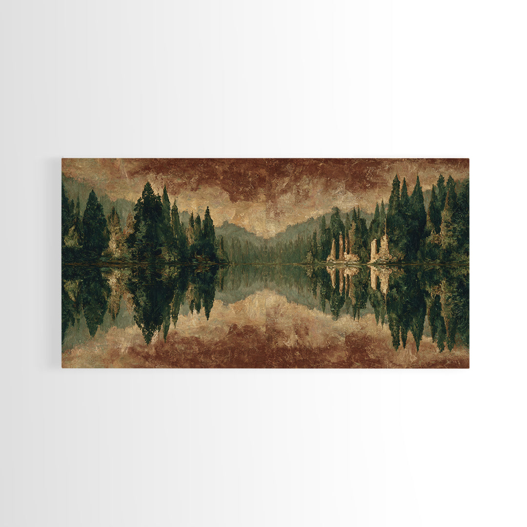 Mountain Lake with Pine Forest Reflection Framed Canvas Print, Traditional Art, Canvas, Living Room Decor, Fine Art, Classic, TRA-2x1-29