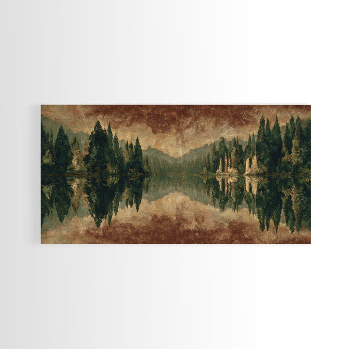 Mountain Lake with Pine Forest Reflection Framed Canvas Print, Traditional Art, Canvas, Living Room Decor, Fine Art, Classic, TRA-2x1-29
