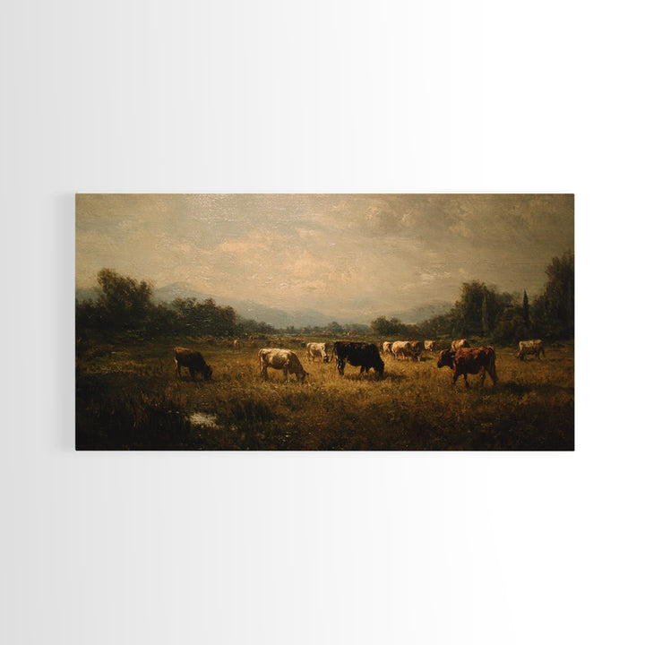Pastoral Countryside with Cows in Field Framed Canvas Print, Traditional Art, Artwork, Living Room Decor, Fine Art, Classic, TRA-2x1-3
