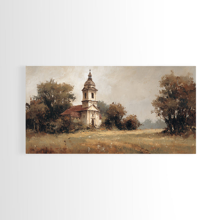 Church Steeple Across Rural Meadow Framed Canvas Print, Traditional Art, Wall Decor, Living Room Decor, Fine Art, Classic, TRA-2x1-33
