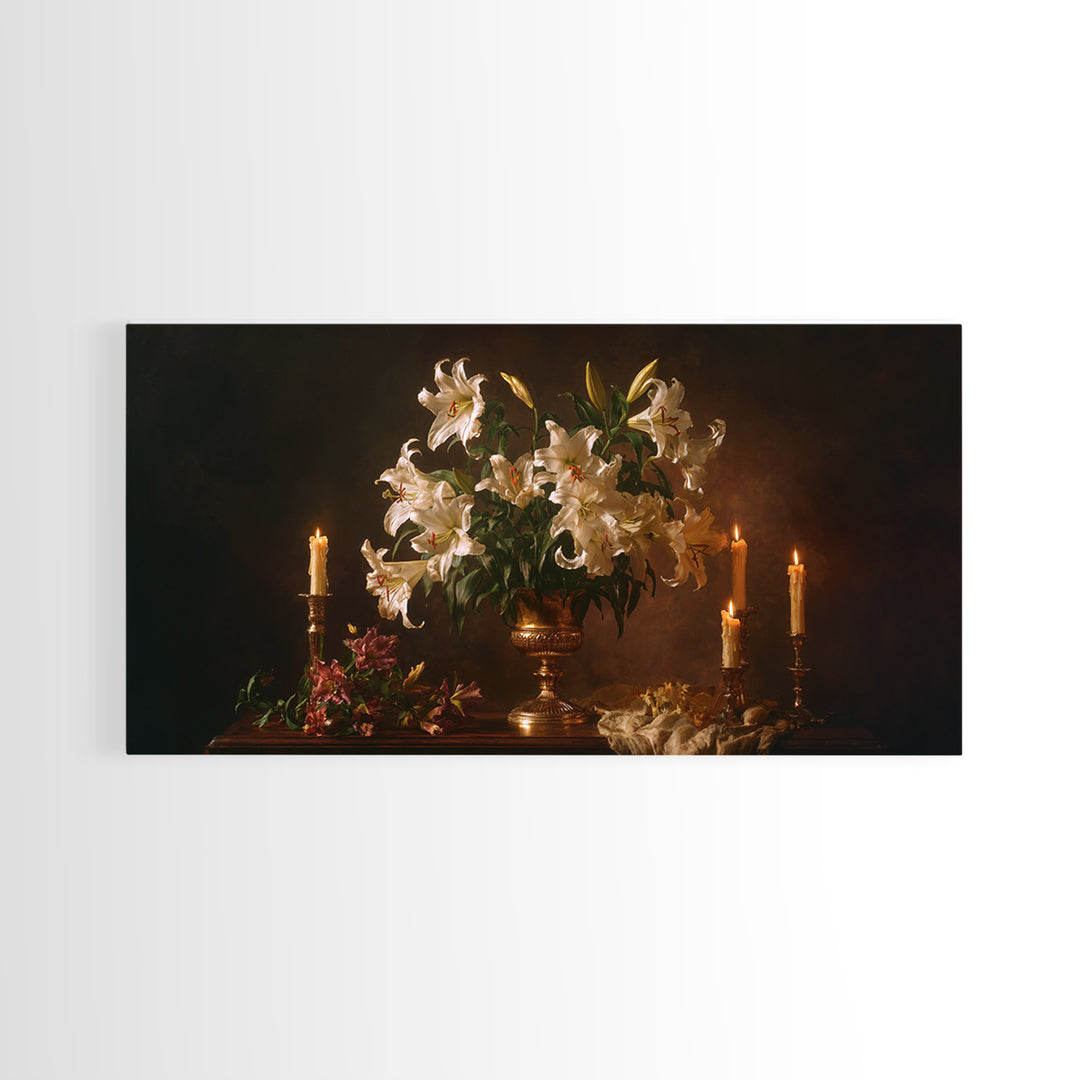 White Lilies on Dark Background Framed Canvas Print, Traditional Art, Wall Art, Living Room Decor, Oil Painting, Classic, TRA-2x1-35