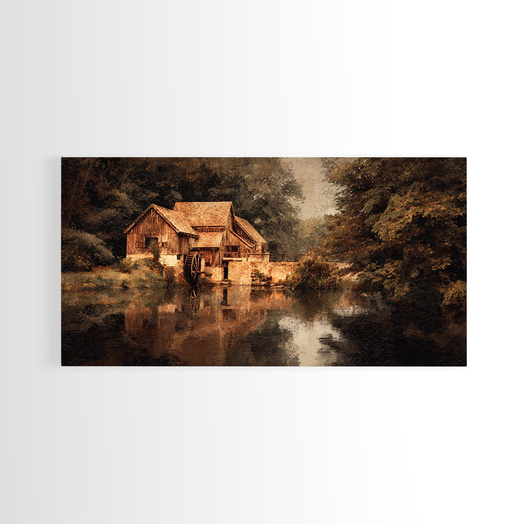 Watermill Beside a Quiet Stream Framed Canvas Print, Traditional Art, Painting, Living Room Decor, Fine Art, Classic, TRA-2x1-37