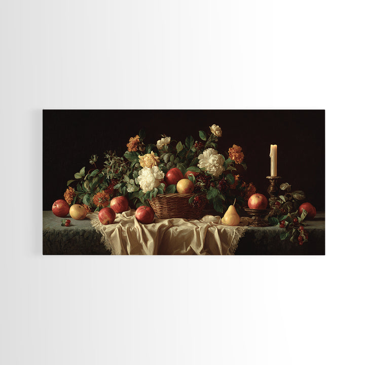 Basket of Apples and Pears on Linen Framed Canvas Print, Traditional Art, Luxury Decor, Living Room Decor, Abstract Art, TRA-2x1-38