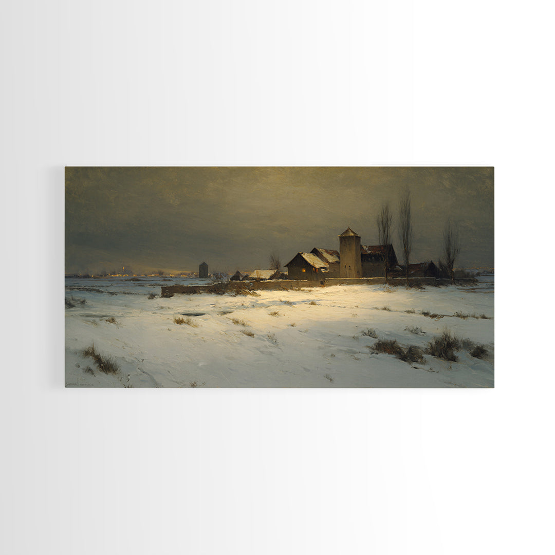 Snowy Village Landscape at Twilight Canvas Print, Traditional Art, Art Print, Living Room Decor, Fine Art, Classic, Custom Art, TRA-2x1-39