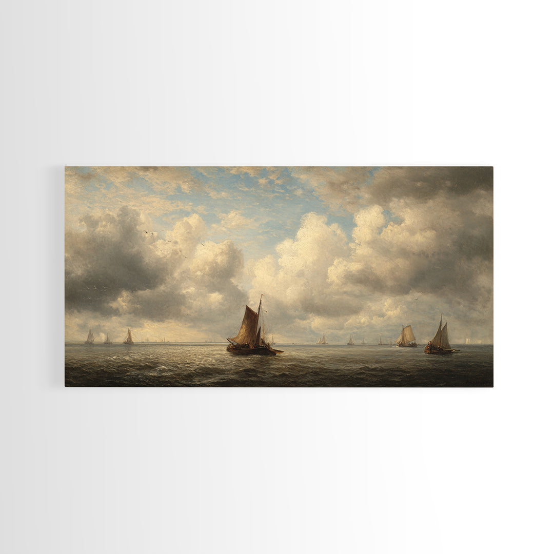 Seascape with Sailboats and Cloudy Sky Canvas Print, Traditional Art, Original Art, Living Room Decor, Fine Art, Classic, TRA-2x1-49