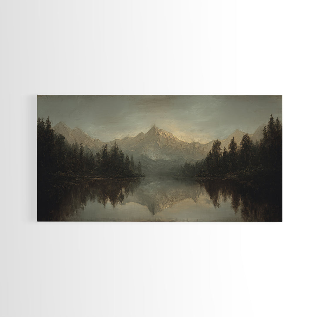 Mountain Lake with Pine Forest Reflection Framed Canvas Print, Traditional Art, Canvas, Living Room Decor, Fine Art, Classic, TRA-2x1-5