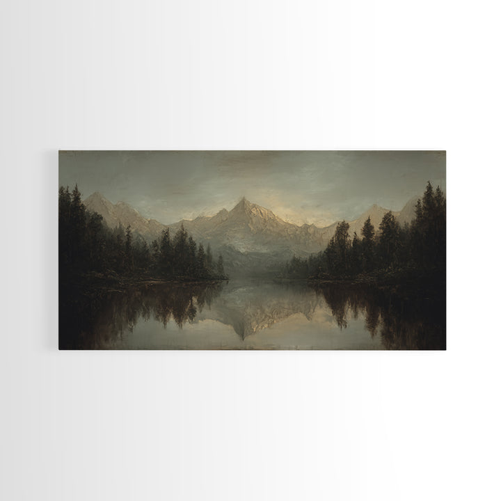 Mountain Lake with Pine Forest Reflection Framed Canvas Print, Traditional Art, Canvas, Living Room Decor, Fine Art, Classic, TRA-2x1-5