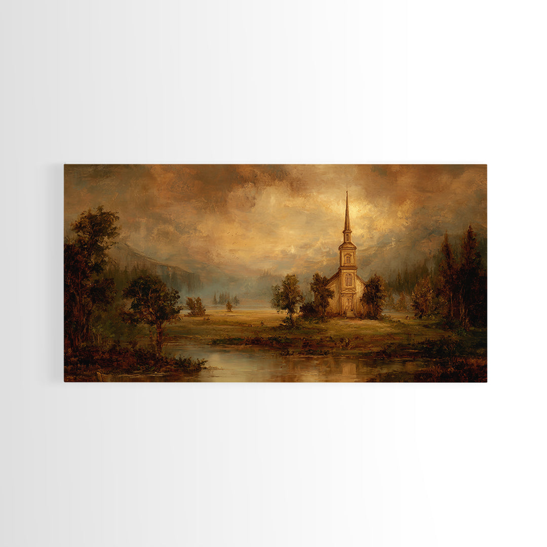Church Steeple Across Rural Meadow Canvas Print, Traditional Art, Art Commission, Living Room Decor, Fine Art, Classic, TRA-2x1-57