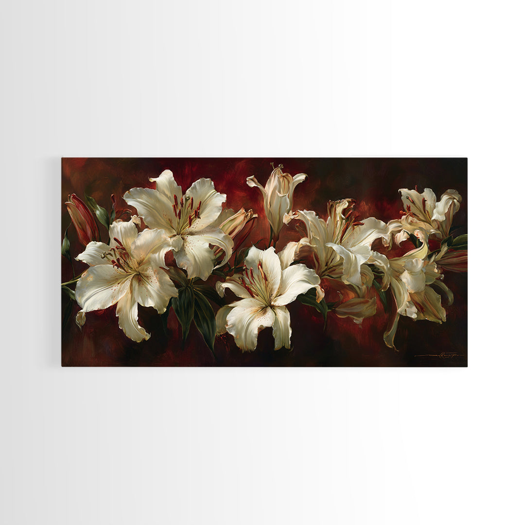 White Lilies on Dark Background Framed Canvas Print, Traditional Art, Indian Wall Art, Living Room Decor, Watercolor Art, TRA-2x1-59