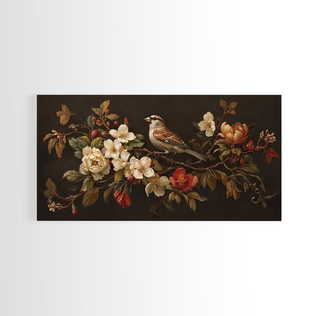 Bird Study on a Flowering Branch Framed Canvas Print, Traditional Art, Minimalist Decor, Living Room Decor, Oil Painting, TRA-2x1-6