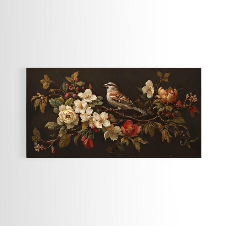 Bird Study on a Flowering Branch Framed Canvas Print, Traditional Art, Minimalist Decor, Living Room Decor, Oil Painting, TRA-2x1-6