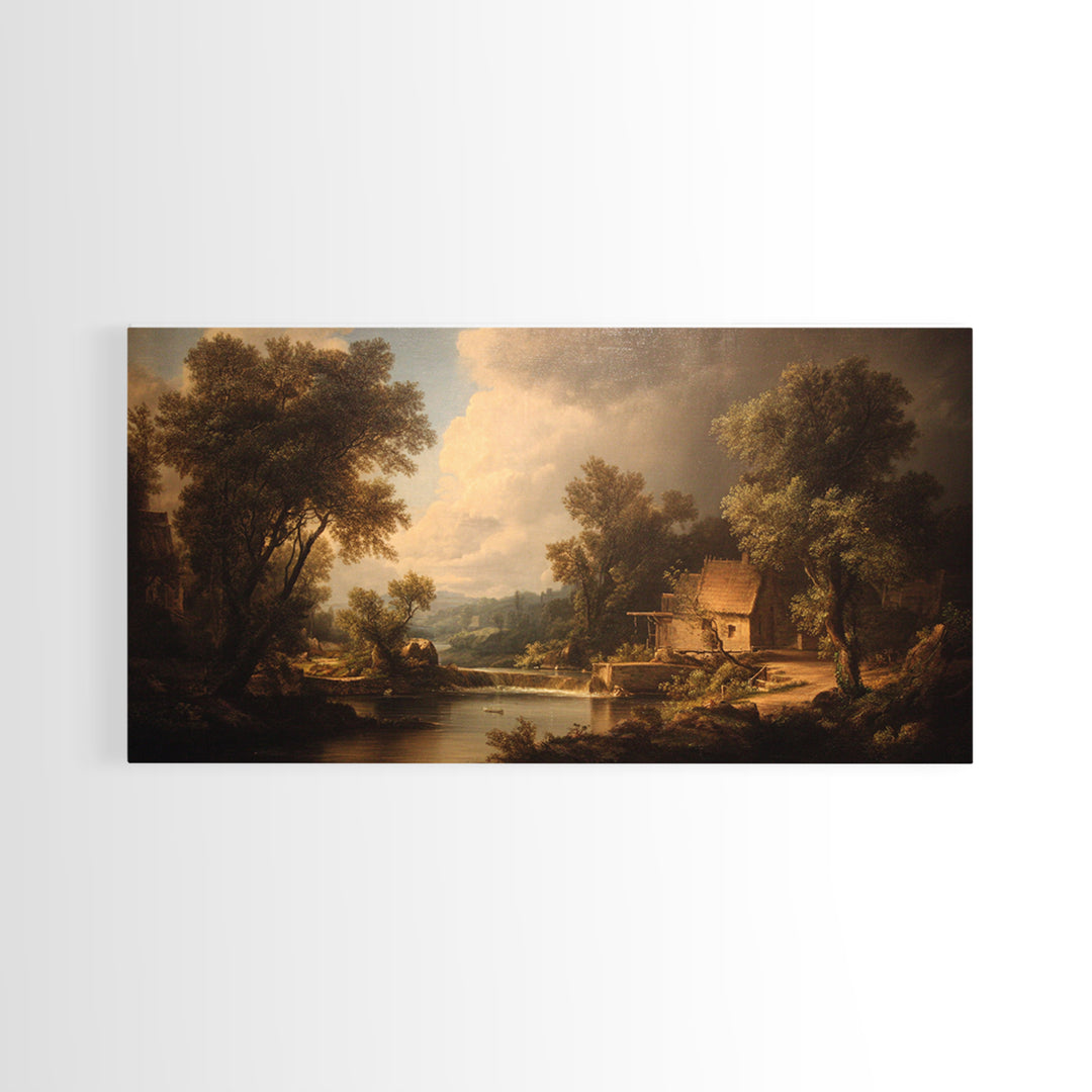 Watermill Beside a Quiet Stream Canvas Print, Traditional Art, Boho, Living Room Decor, Fine Art, Classic, Indian Wall Art, TRA-2x1-61