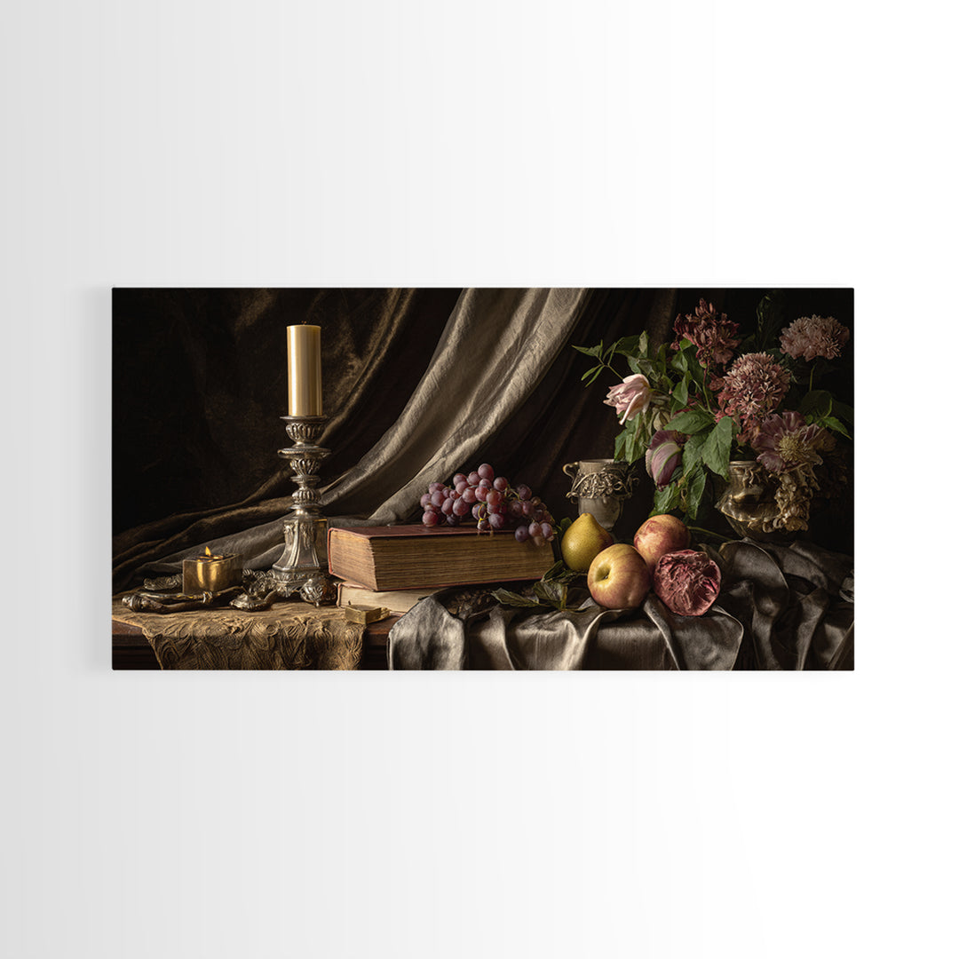 Still Life of Books Candle and Fruit Canvas Print, Traditional Art, Digital Art, Living Room Decor, Fine Art, Classic, TRA-2x1-64