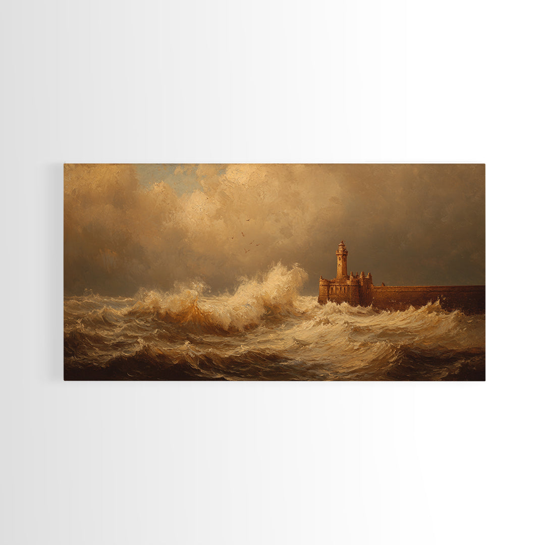 Lighthouse with Crashing Waves Framed Canvas Print, Traditional Art, Wall Hanging, Living Room Decor, Abstract Art, Classic, TRA-2x1-65