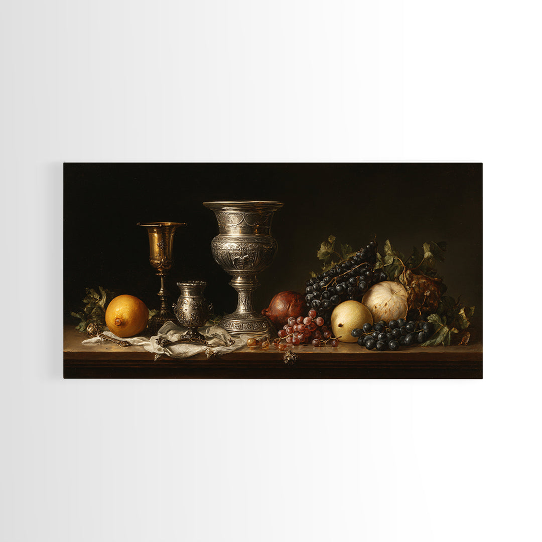 Dutch Fruit and Silver Goblet Still Life Framed Canvas Print, Traditional Art, Art Commission, Living Room Decor, Classic, TRA-2x1-72