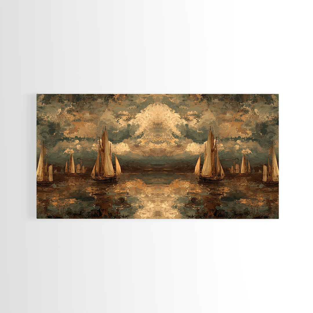 Seascape with Sailboats and Cloudy Sky Canvas Print, Traditional Art, Original Art, Living Room Decor, Fine Art, Classic, TRA-2x1-73