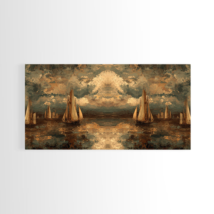 Seascape with Sailboats and Cloudy Sky Canvas Print, Traditional Art, Original Art, Living Room Decor, Fine Art, Classic, TRA-2x1-73