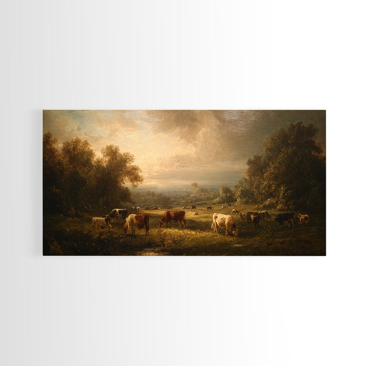 Pastoral Countryside with Cows in Field Framed Canvas Print, Traditional Art, Room Decor, Living Room Decor, Fine Art, Classic, TRA-2x1-75