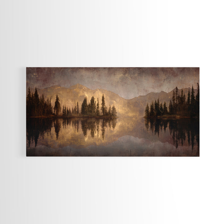 Mountain Lake with Pine Forest Reflection Canvas Print, Traditional Art, Digital Print, Living Room Decor, Fine Art, Classic, TRA-2x1-77