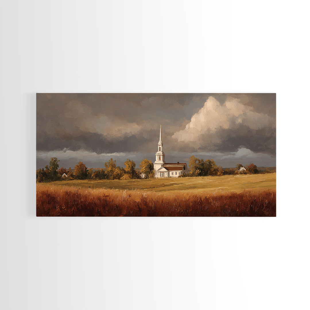 Church Steeple Across Rural Meadow Framed Canvas Print, Traditional Art, Printable Art, Living Room Decor, Watercolor Art, TRA-2x1-81