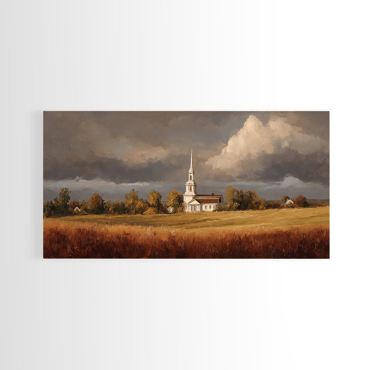 Church Steeple Across Rural Meadow Framed Canvas Print, Traditional Art, Printable Art, Living Room Decor, Watercolor Art, TRA-2x1-81