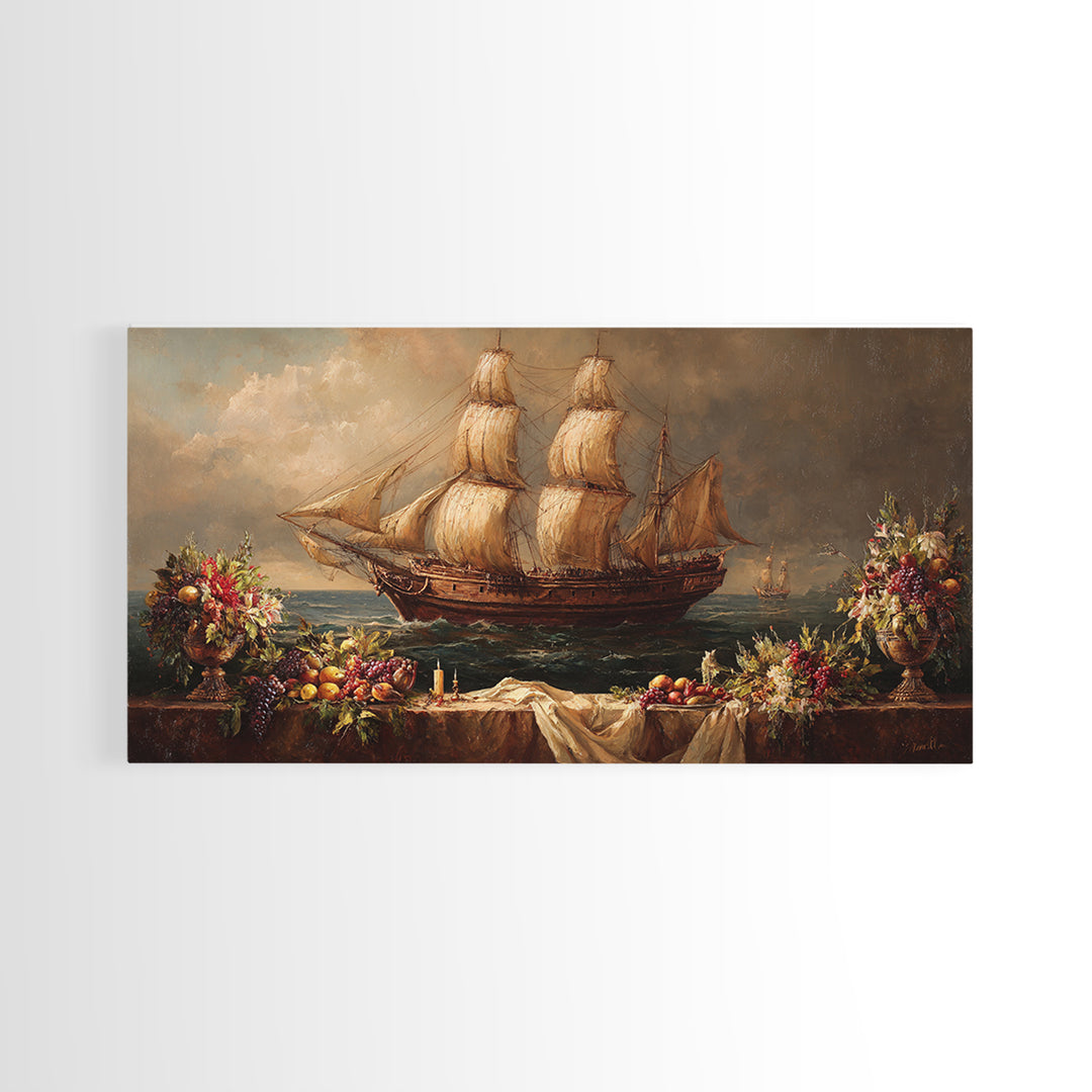 Ship at Sea Canvas Print, Traditional Art, Painting, Living Room Decor, Fine Art, Classic, Art Commissions, Japanese Art, TRA-2x1-82