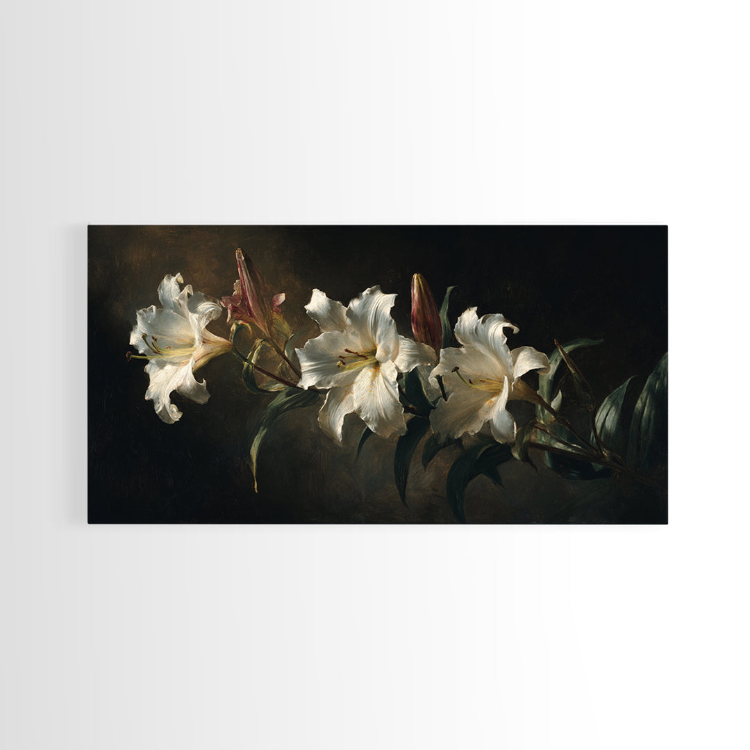 White Lilies on Dark Background Framed Canvas Print, Traditional Art, Art, Living Room Decor, Fine Art, Classic, Printable Art, TRA-2x1-83