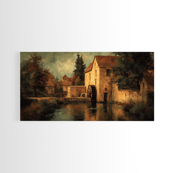 Watermill Beside a Quiet Stream Framed Canvas Print, Traditional Art, Living Room Decor, Fine Art, Classic, Dark Art, TRA-2x1-85