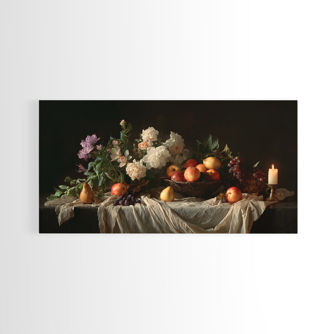 Basket of Apples and Pears on Linen Framed Canvas Print, Traditional Art, Decor, Living Room Decor, Abstract Art, Classic, TRA-2x1-86