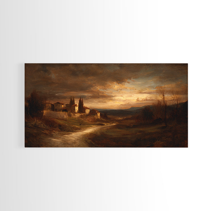 Snowy Village Landscape at Twilight Framed Canvas Print, Traditional Art, Japanese Decor, Living Room Decor, Fine Art, Classic, TRA-2x1-87
