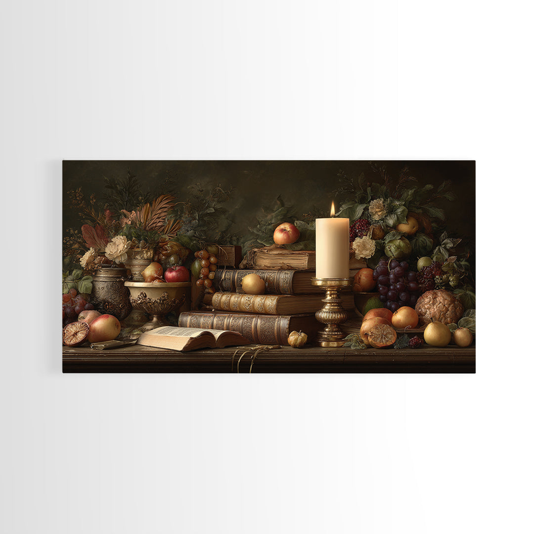 Still Life of Books Candle and Fruit Framed Canvas Print, Traditional Art, Original Art, Living Room Decor, Fine Art, Classic, TRA-2x1-88