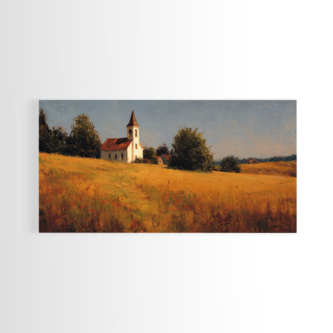 Church Steeple Across Rural Meadow Framed Canvas Print, Traditional Art, Wall Decor, Living Room Decor, Fine Art, Classic, TRA-2x1-9
