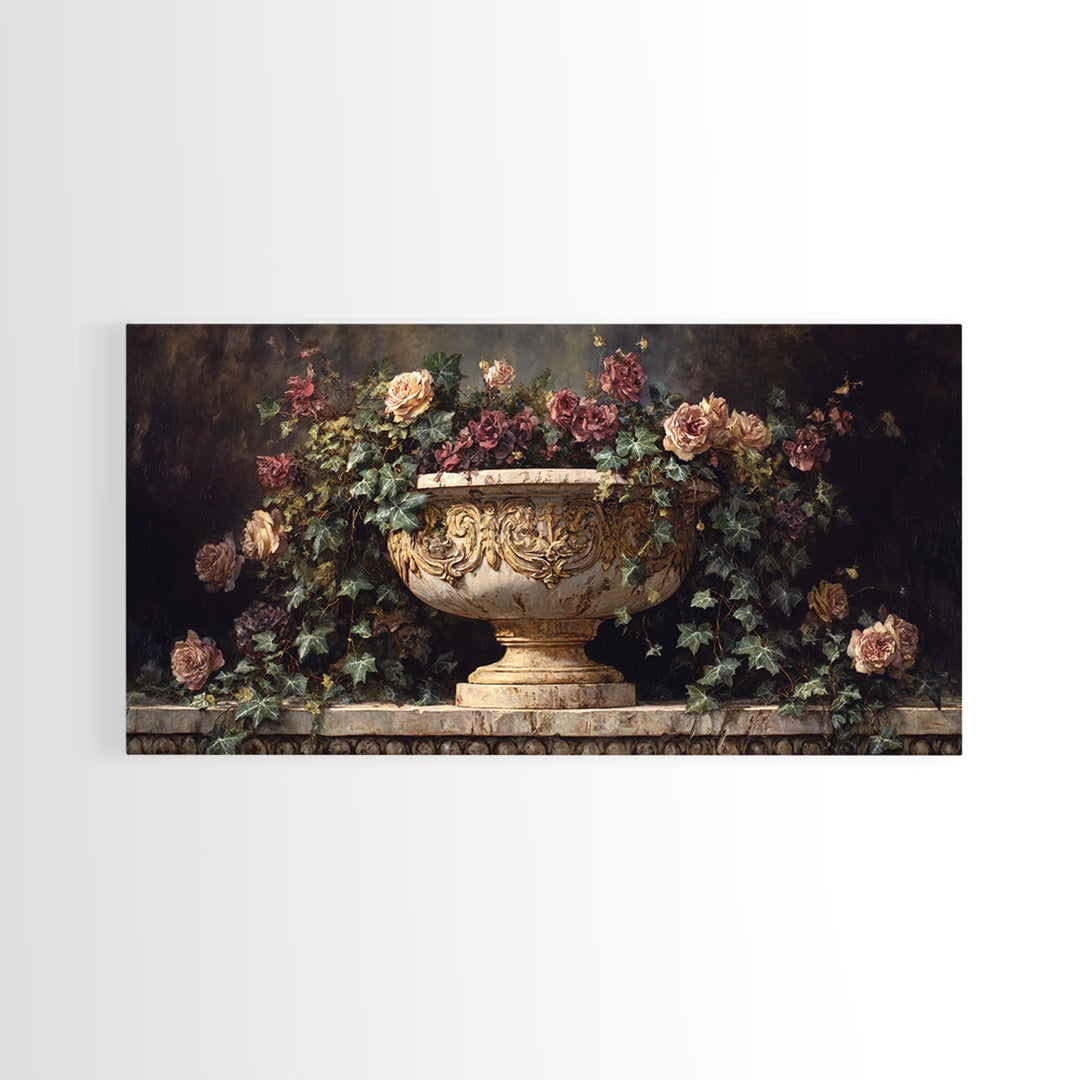 Garden Urn with Roses and Ivy Framed Canvas Print, Traditional Art, Digital Print, Living Room Decor, Watercolor Art, Classic, TRA-2x1-92