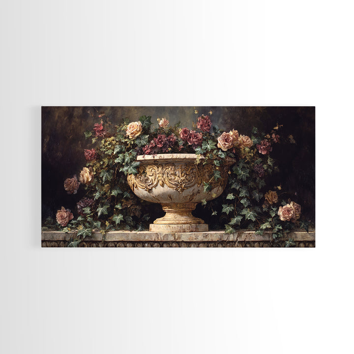 Garden Urn with Roses and Ivy Framed Canvas Print, Traditional Art, Digital Print, Living Room Decor, Watercolor Art, Classic, TRA-2x1-92