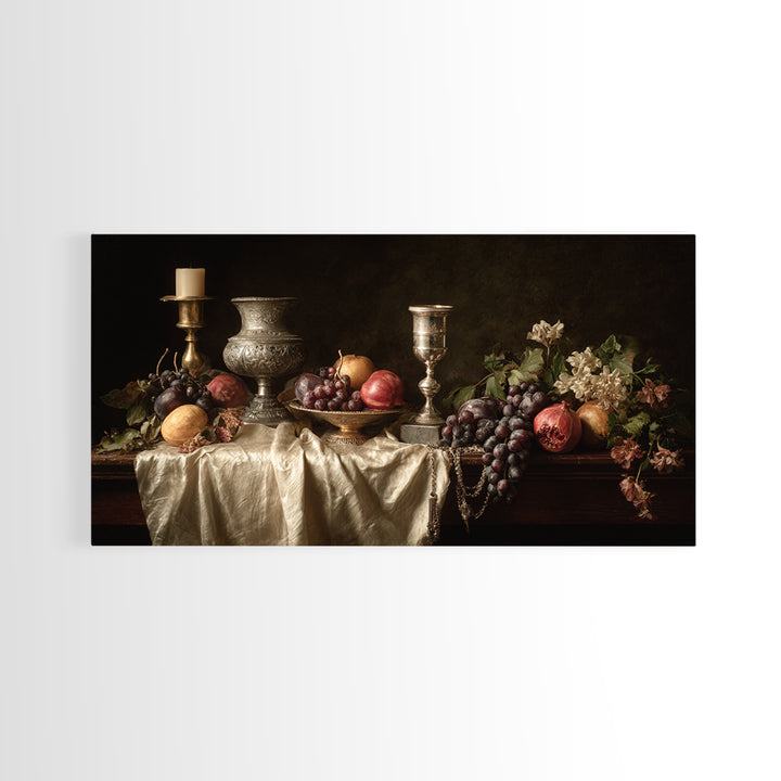 Dutch Fruit and Silver Goblet Still Life Framed Canvas Print, Traditional Art, Furry Art, Living Room Decor, Oil Painting, TRA-2x1-96