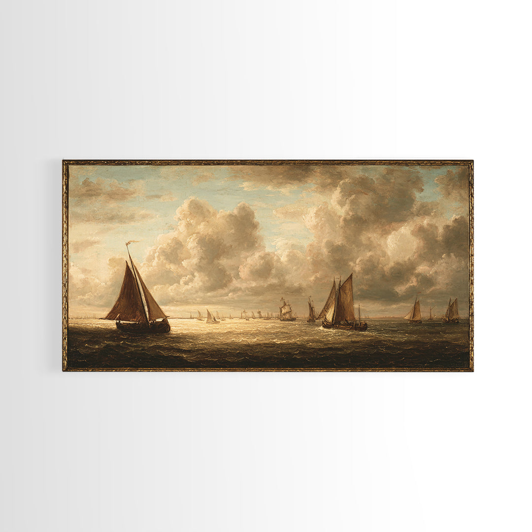 Seascape with Sailboats and Cloudy Sky Framed Canvas Print, Traditional Art, Canvas Print, Living Room Decor, Fine Art, Classic, TRA-2x1-97