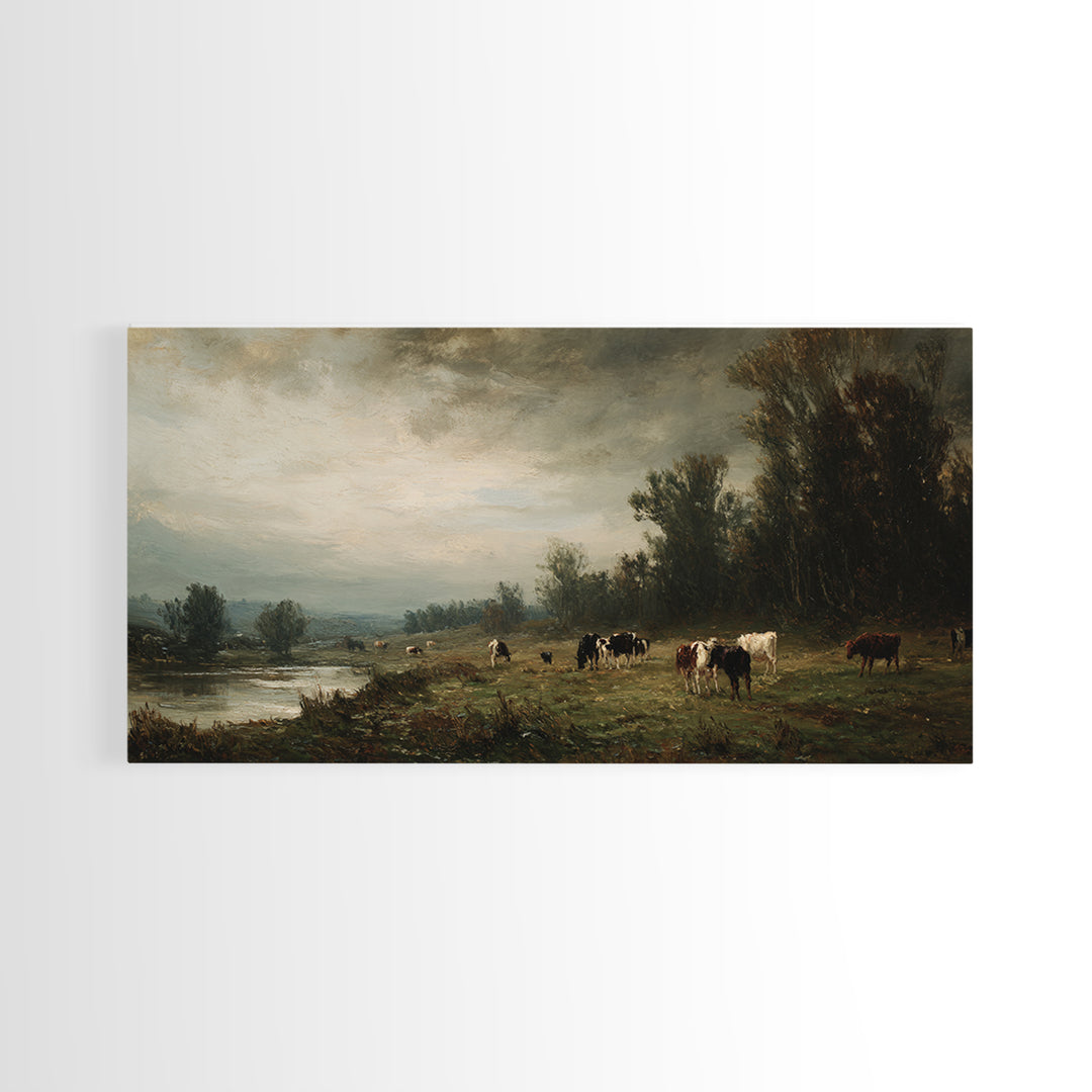 Pastoral Countryside with Cows in Field Framed Canvas Print, Traditional Art, Japanese Art, Living Room Decor, Classic, TRA-2x1-99