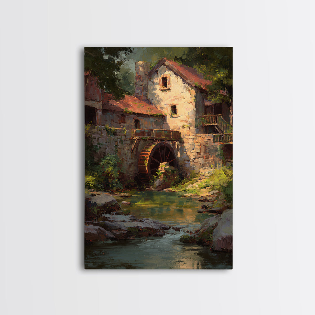 Watermill Beside a Quiet Stream Framed Canvas Print, Traditional Art, Digital Art, Living Room Decor, Fine Art, Classic, TRA-2x3-1