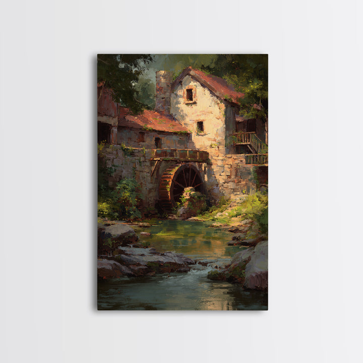Watermill Beside a Quiet Stream Framed Canvas Print, Traditional Art, Digital Art, Living Room Decor, Fine Art, Classic, TRA-2x3-1