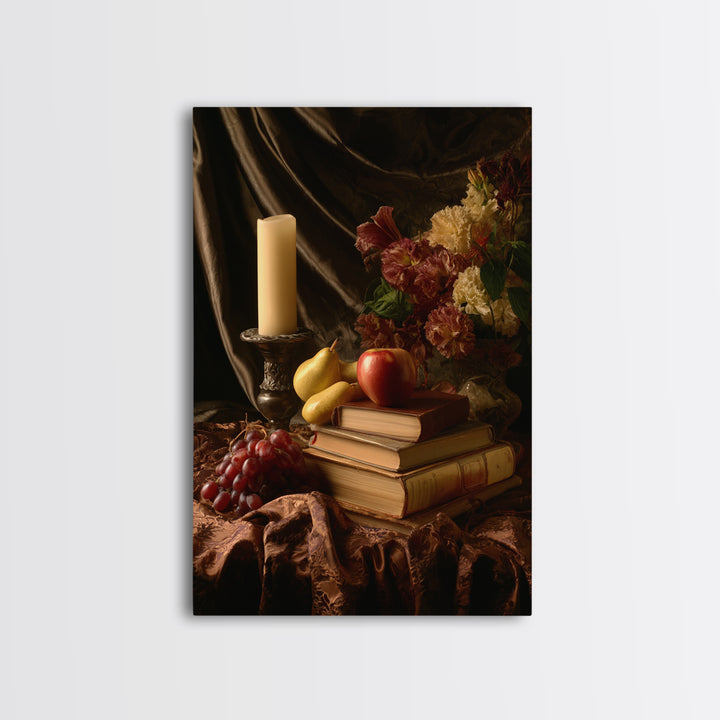 Still Life of Books Candle and Fruit Framed Canvas Print, Traditional Art, Painting, Living Room Decor, Fine Art, Classic, TRA-2x3-100