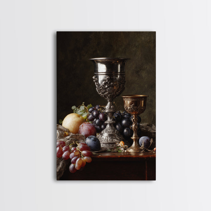 Dutch Fruit and Silver Goblet Still Life Framed Canvas Print, Traditional Art, Living Room Decor, Oil Painting, Classic, TRA-2x3-12