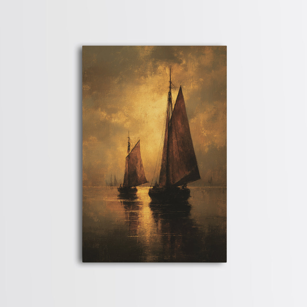 Seascape with Sailboats and Cloudy Sky Framed Canvas Print, Traditional Art, Boho, Living Room Decor, Fine Art, Classic, TRA-2x3-13