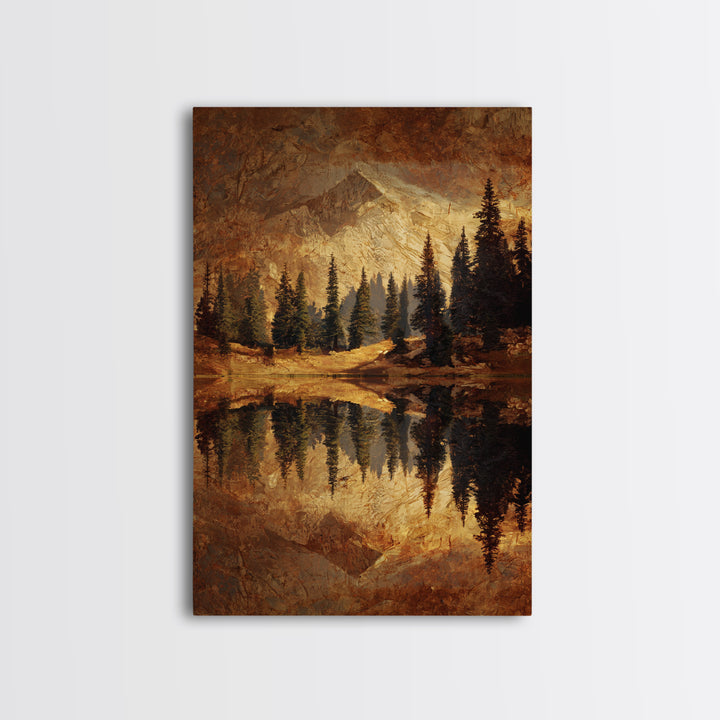 Mountain Lake with Pine Forest Reflection Framed Canvas Print, Traditional Art, Wall Hanging, Living Room Decor, Classic, TRA-2x3-17