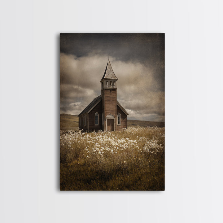 Church Steeple Across Rural Meadow Framed Canvas Print, Traditional Art, Art Print, Living Room Decor, Fine Art, Classic, TRA-2x3-21