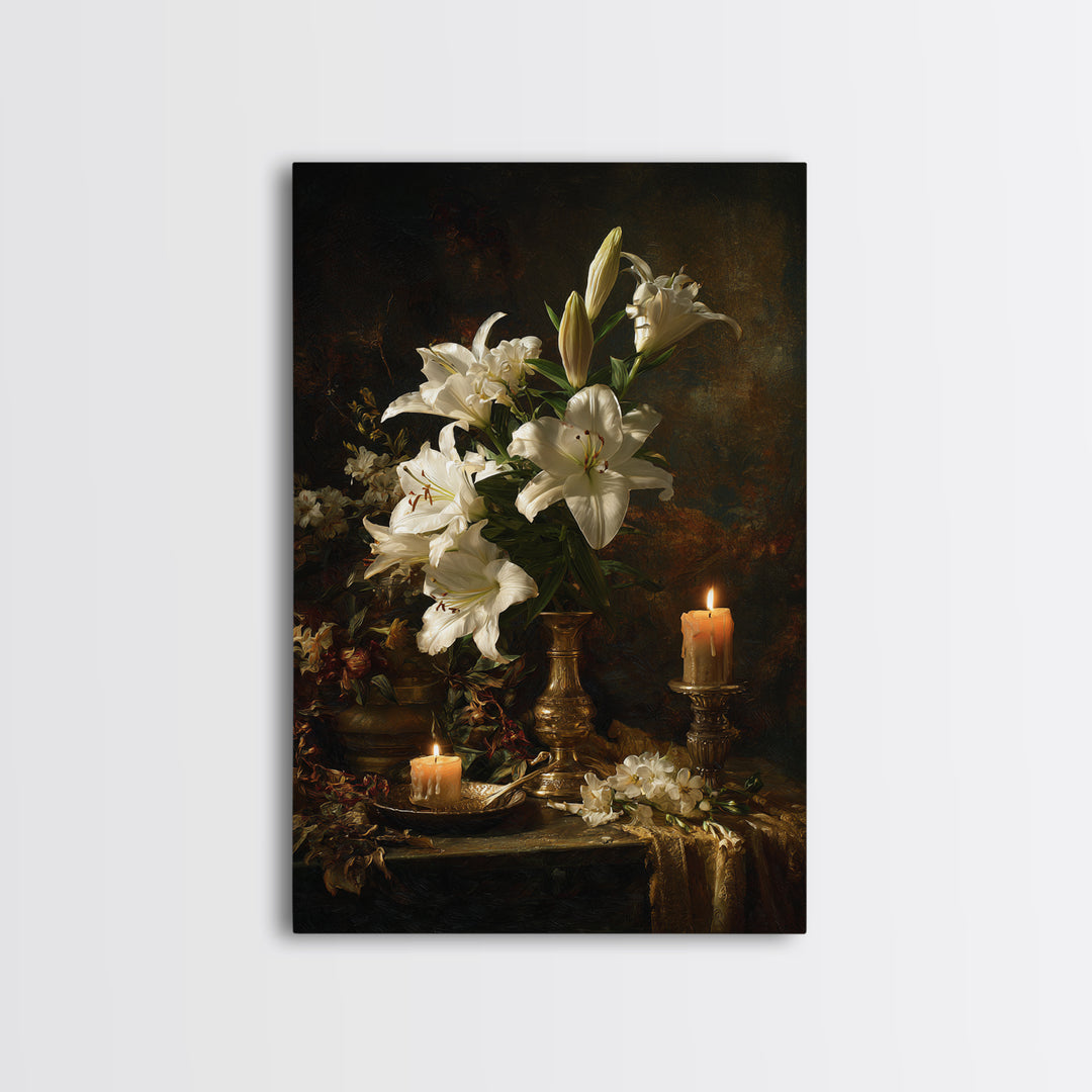 White Lilies on Dark Background Canvas Print, Traditional Art, Decor, Living Room Decor, Fine Art, Classic, Japanese Art, TRA-2x3-23