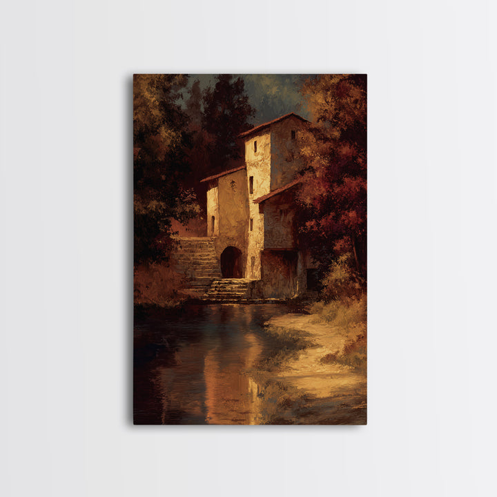 Watermill Beside a Quiet Stream Framed Canvas Print, Traditional Art, Digital Art, Living Room Decor, Fine Art, Classic, TRA-2x3-25